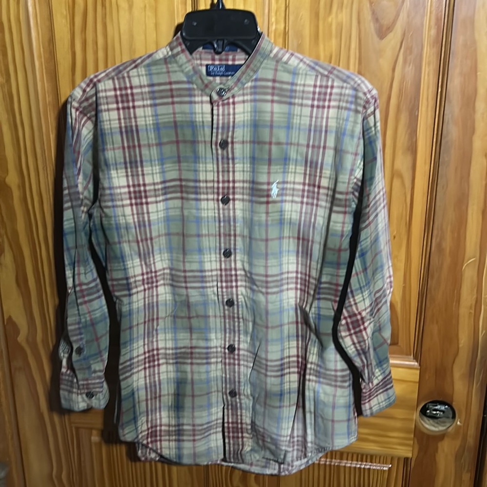Polo by Ralph Lauren Long Sleeve Shirt Collarless Button Up Plaid Vintage